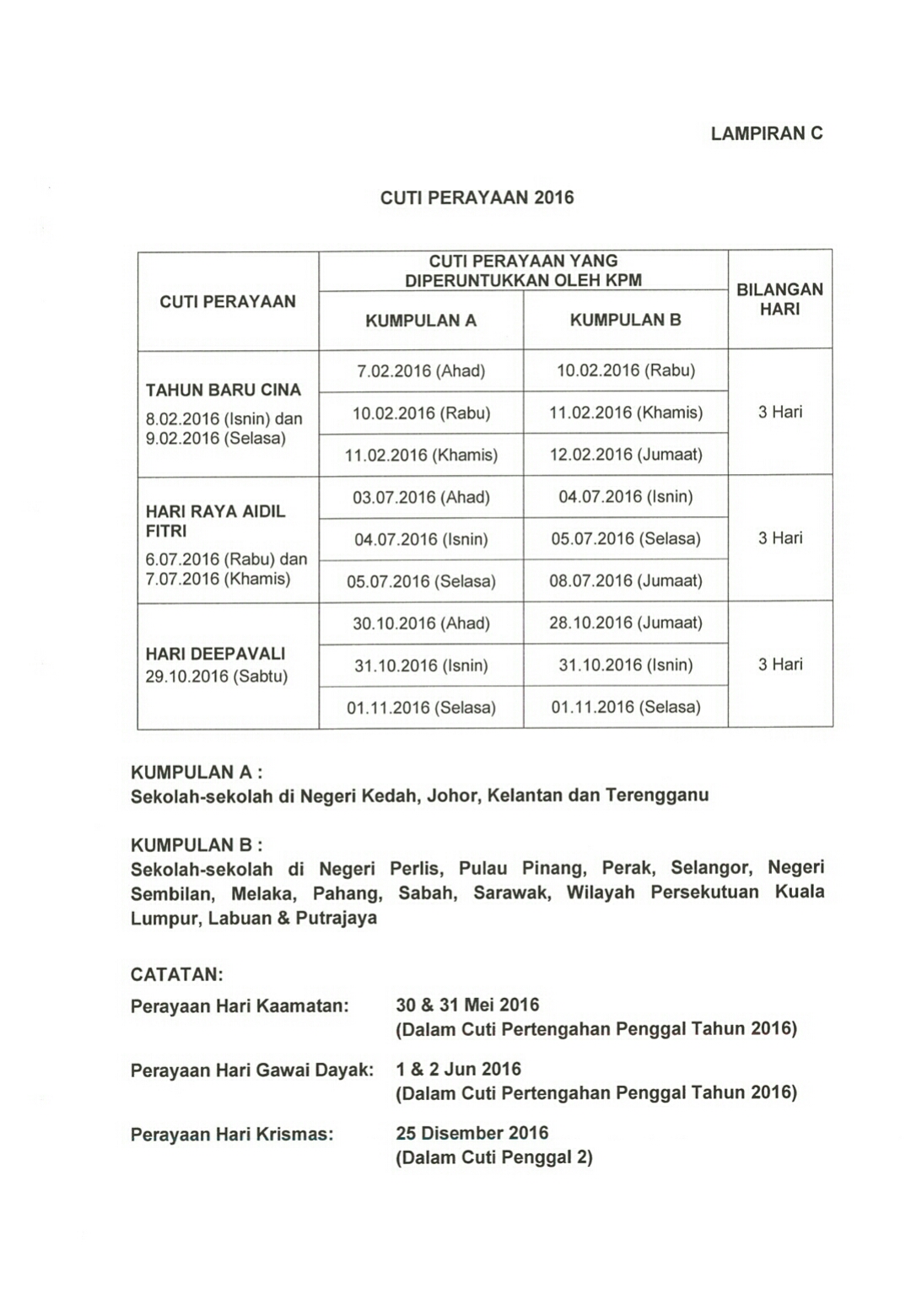 Surat Siaran KPM 2016 Cuti Perayaan Hari Raya Aidilfitri 