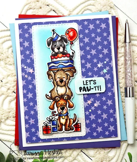 Let's Paw-ty Card created by Larissa Heskett for Newton's Nook Designs using Birthday Barks, Newton's Birthday Delights, Birthday Woofs Paper Pad, Bookmark Die Set and Speech Bubbles Die Set