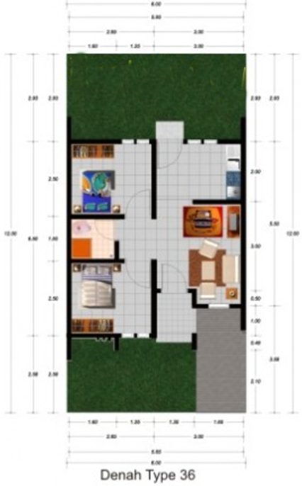 Contoh Denah rumah minimalis type 36 dengan 2 kamar tidur 