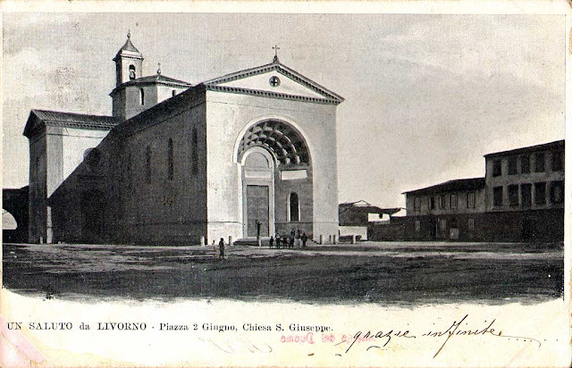 Cartolina d'epoca, chiesa di San Giuseppe, piazza 2 giugno, Livorno