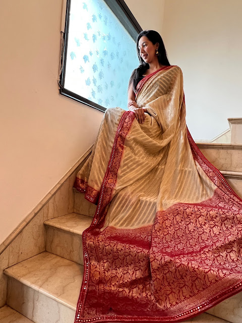 Chanderi saree with delicate mirror work on border and pallu