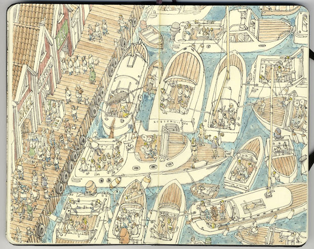 Mattias Adolfsson,dibujos,drawings,moleskine,suecia,sweden,puerto,port,barcos,ships