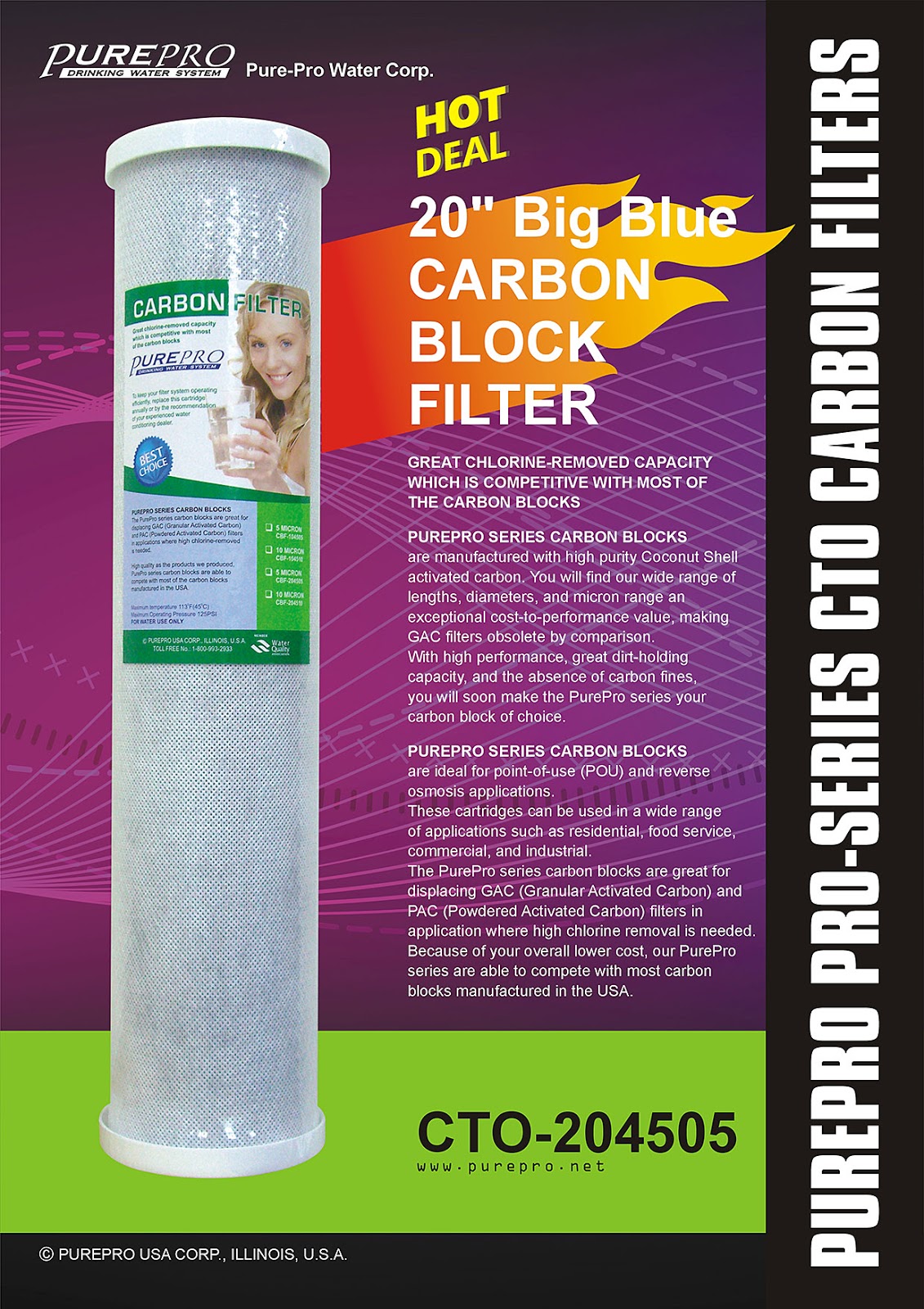 PurePro® USA 20" Big Blue Carbon Block Filter CTO  - PurePro CTO-204505
