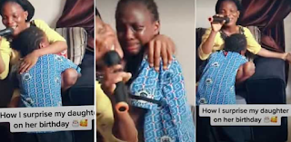 Little Girl goes emotional as She Arrives Home From School to See Mum Singing for Her With a Microphone on her birthday [watch]