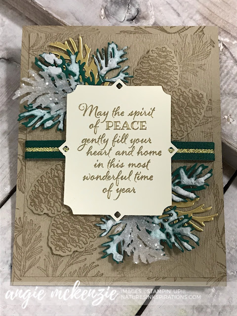 By Angie McKenzie for Stampin' Dreams Blog Hop; Click READ or VISIT to go to my blog for details! Featuring a sneak peek of the Peaceful Boughs Bundle, Ice Stampin' Glitter, Shimmery Crystal Effects, Snowfall Accents Puff Paint by Stampin' Up!; #pineboughs  #christmascards #peacefulboughsstampset #peacefulboughsbundle #naturesinkspirations #makingotherssmileonecreationatatime #cardtechniques #stampinup #handmadecards #3dprojects 