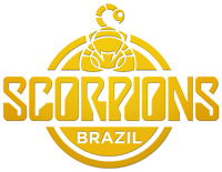 Logo do Scorpions Brazil, todo em amarelo, com um escorpiãozinho