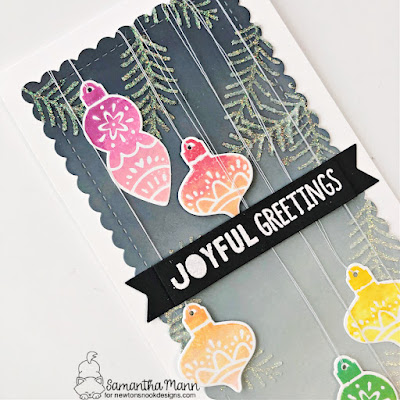 Joyful Greetings Card by Samantha Mann for Newton's Nook Designs, Christmas Card, Ornaments, Distress Oxide Inks, Christmas, Slimline Card, #newtonsnook #newtonsnookdesigns #distressinks #christmas #christmascards #ornaments #slimlinecard