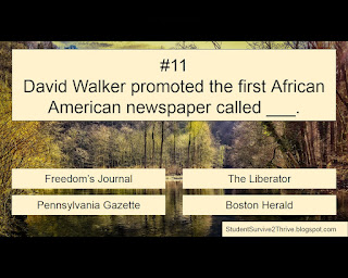 David Walker promoted the first African American newspaper called ___. Answer choices include: Freedom's Journal, The Liberator, Pennsylvania Gazette, Boston Herald