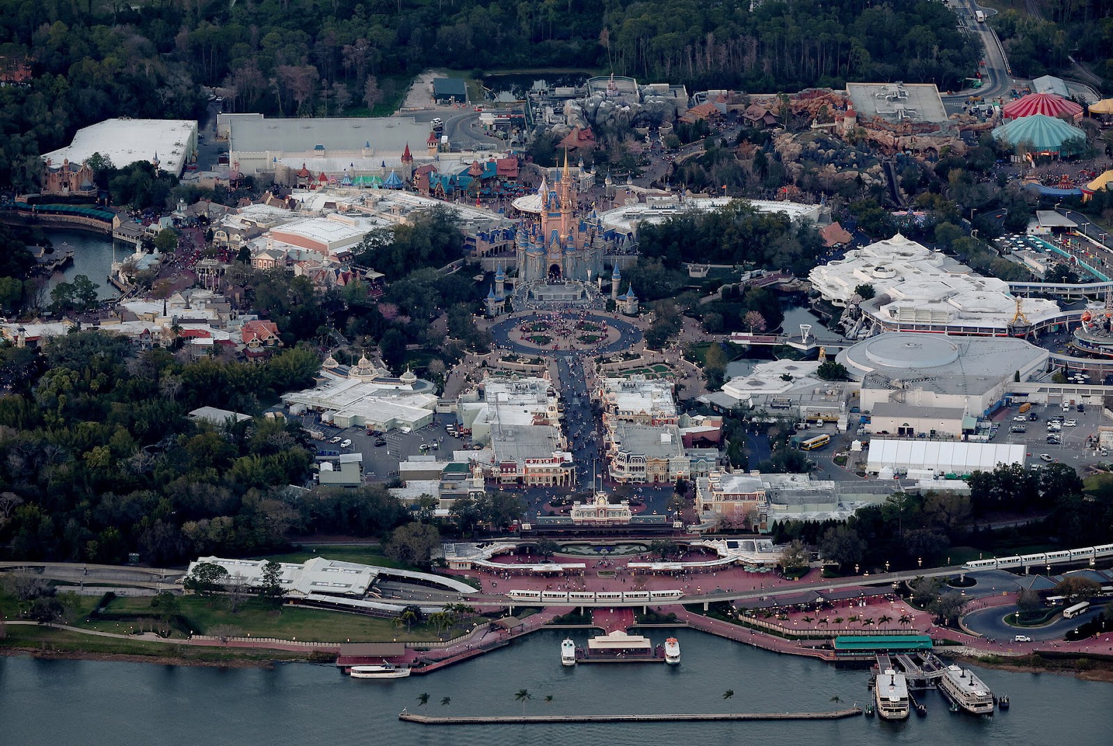 An aerial view of the Walt Disney World theme park with Cinderella Castle at the center