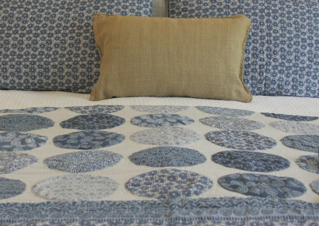 Beautiful blue moon quilt in bedroom with romantic country decor by Hello Lovely Studio