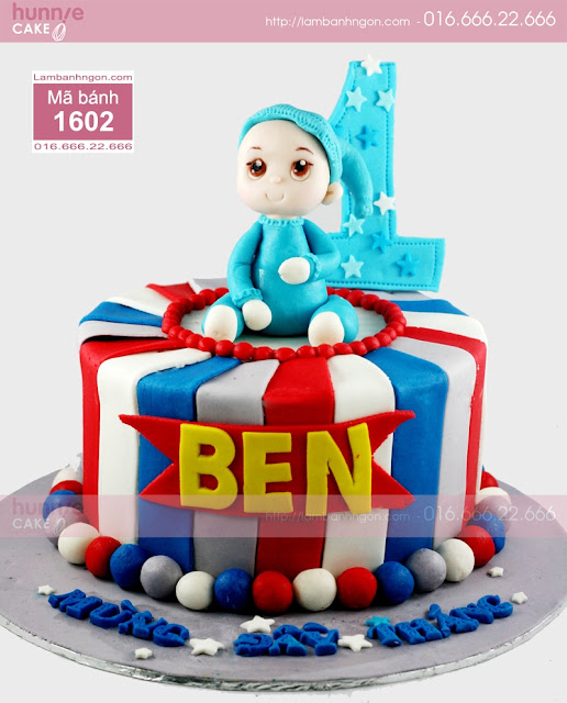 Bánh mừng bé Ben một tuổi tông xanh dương