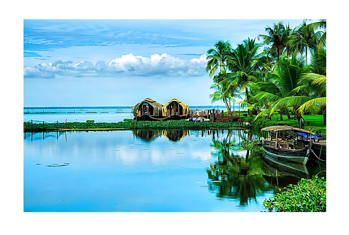 A BEAUTIFUL LANDSCAPE KERALA BACKWATER PAINTING BLUE SKY AND BLUISH WATER GREENISH TREES