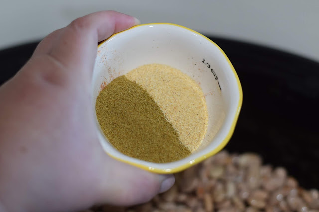 Cumin, onion powder, and garlic powder being added to the slow cooker. 