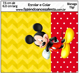 Mickey en Fondo Amarillo con Zigzags y Rojo con Lunares: Etiquetas para Candy Bar para Imprimir Gratis.