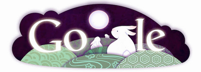 Google Doodle for lunar festival Tsukimi with rabbits looking up at sky