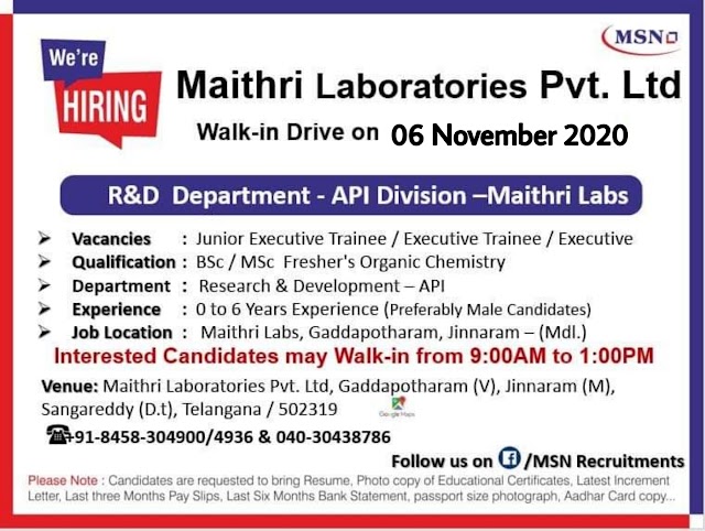 MSN - Maithri Labs | Walk-in interview for R&D department at Hyderabad on 6 Nov 2020