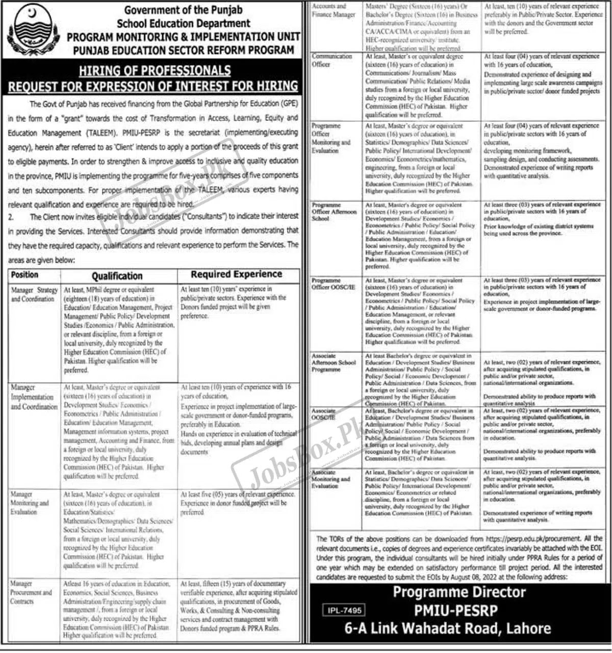 Punjab School Education Department Jobs 2022 - PESRP Jobs 2022 - www.pesrp.edu.pk/procurement Jobs 2022