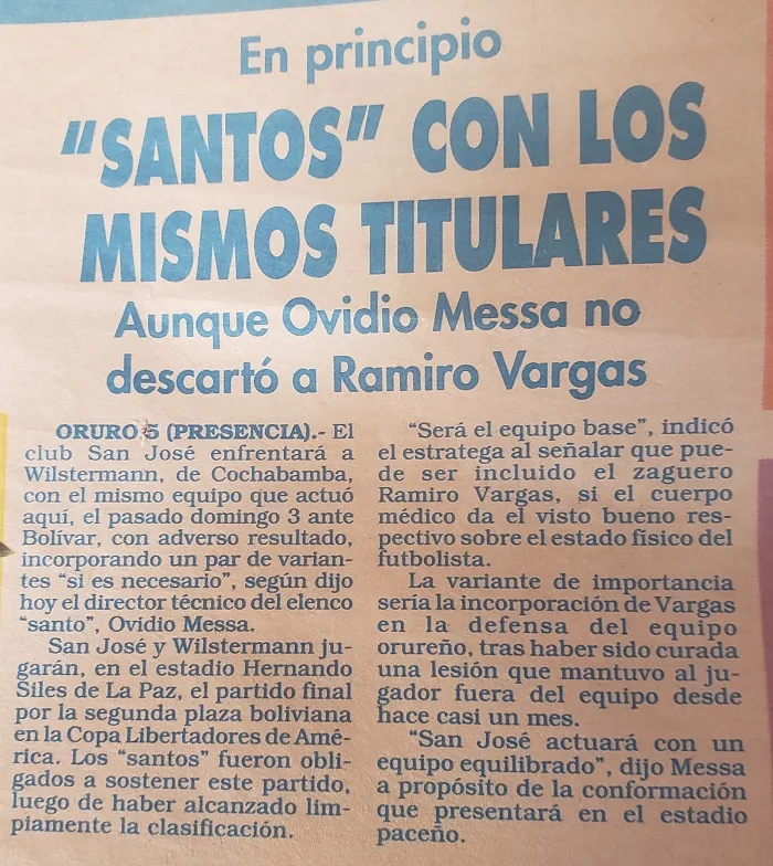 Nota 1993 San Jose con los mismos titulares contra Wilstermann con los que jugo contra Bolivar