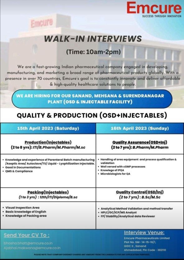 Emcure Pharma Job Vacancy For Production/ Packing ( Injectable) / QA/ QC ( OSD)