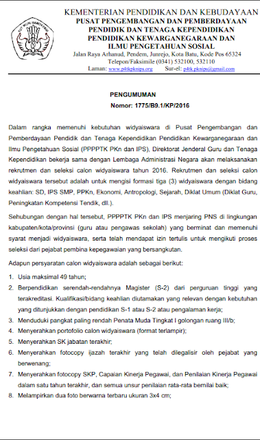 REKRUTMEN DAN SELEKSI CALON WIDYAISWARA : PPPPTK PKN DAN IPS