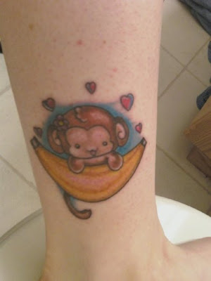 Baby monkey with banana ankle tattoo for girls