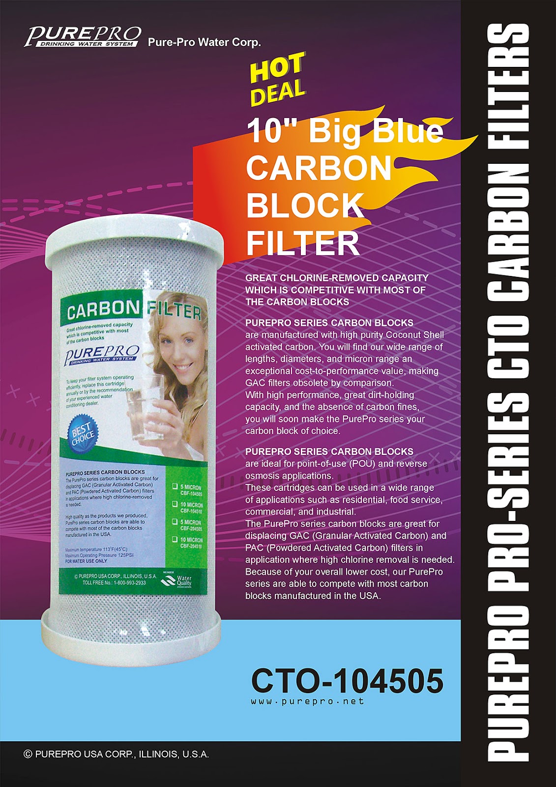PurePro® USA 10" Big Blue Carbon Block Filter CTO  - PurePro CTO-104505
