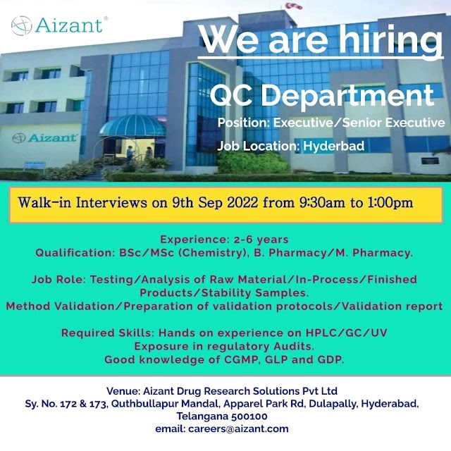 Aizant Drug Research Solutions | Walk-in interview at Hyderabad for QC on 9th September 2022