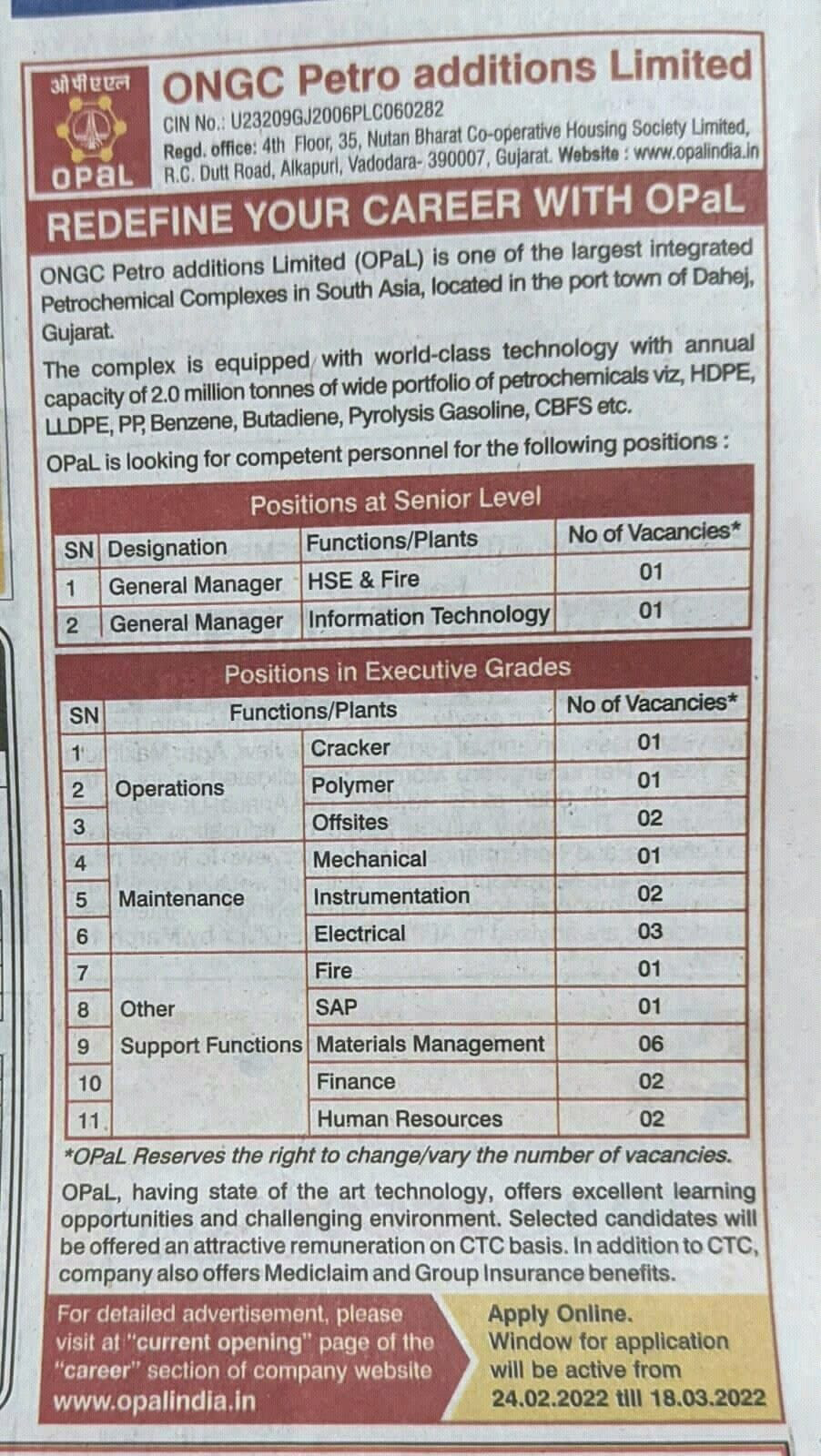 Job Availables,ONGC Petro Additions Limited Job Vacancy in For General Manager/ Operations/ Maintenance/  Other Support Function