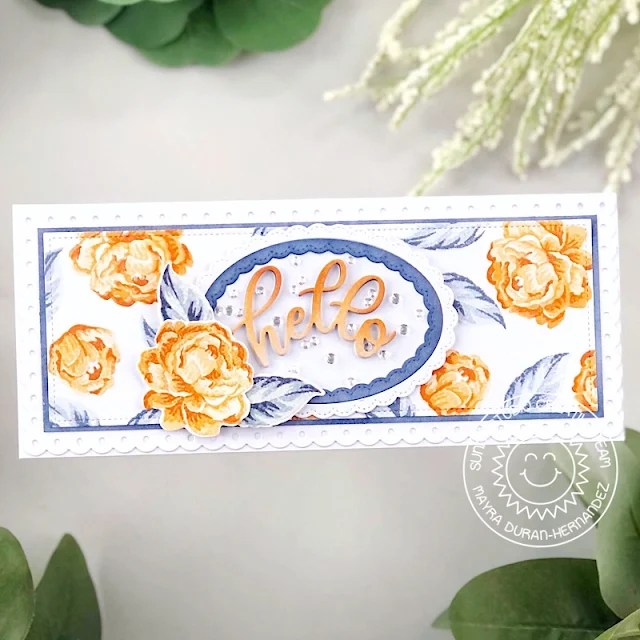 Sunny Studio Stamps: Captivating Camellias Slimline Dies Stitched Oval Dies Everyday Cards by Mayra Duran-Hernandez
