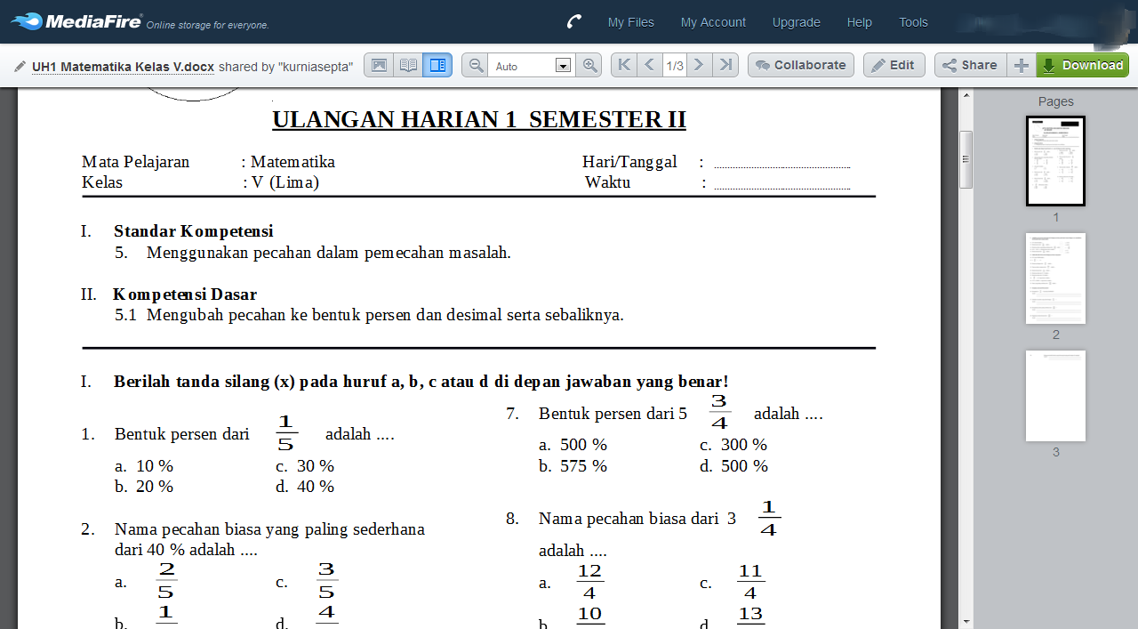 Download Soal Matematika Kelas 5 Semester 2 Sekolahdasar Net