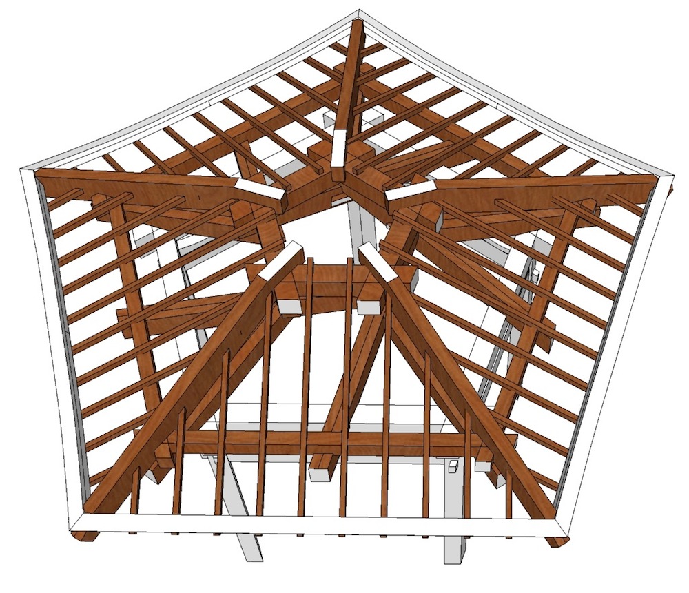 A perspective view of the half-completed roof structure ...