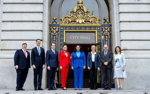 Crown Princess Victoria wore a Paris red suit by The Extreme Collection. Cravingfor earrings. By Malina Anya dress