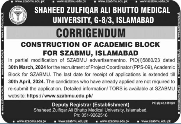 Zulfiqar Ali Bhutto Medical University JOBS