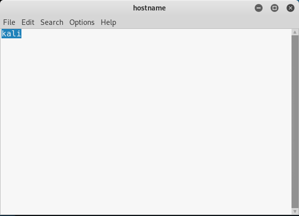 Kali Linux, modificare il file hostname utilizzando l'editor di testo leafpad