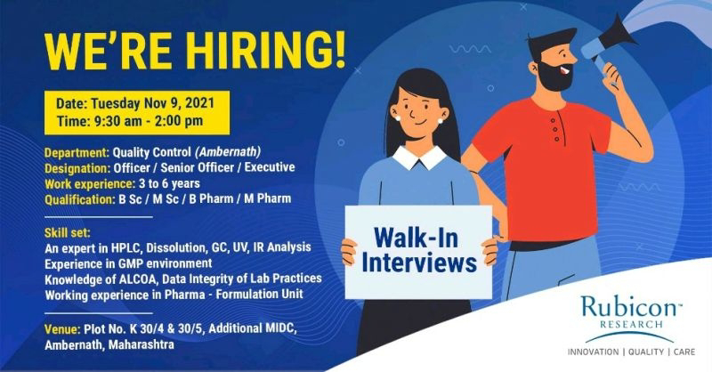 Job Availables,Rubicon Research Walk-In-Interview For BSc/ MSc/ B.Pharm/ M.Pharm