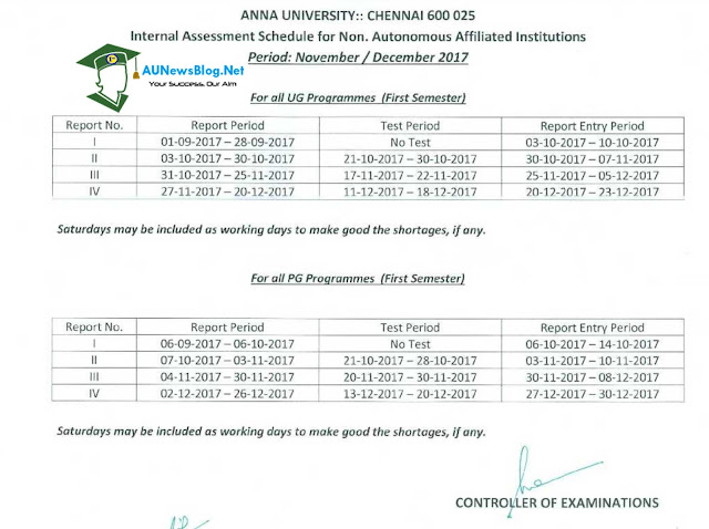 Anna University Internal Assessment Schedule Nov/Dec 2017 for UG & PG First Year