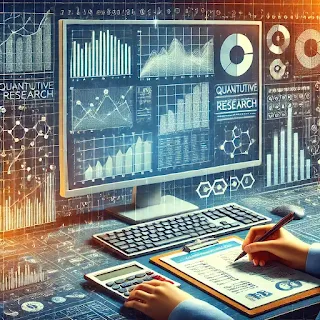 यह चित्र मात्रात्मक अनुसंधान (Quantitative Research) को दर्शाता है। इसमें एक शोधकर्ता को डेटा का विश्लेषण करते हुए दिखाया गया है, जिसमें कंप्यूटर स्क्रीन पर सांख्यिकीय ग्राफ, चार्ट, और संख्यात्मक समीकरण प्रदर्शित हैं। पृष्ठभूमि में बार ग्राफ, पाई चार्ट, और ग्रिड डिज़ाइन सटीकता और माप के महत्व को उजागर करते हैं। यह अनुसंधान की संरचित और डेटा-चालित प्रकृति को प्रभावशाली ढंग से प्रस्तुत करता है।