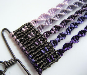 End of purple ombre macrame cuff showing cavendoli knotting and spirals