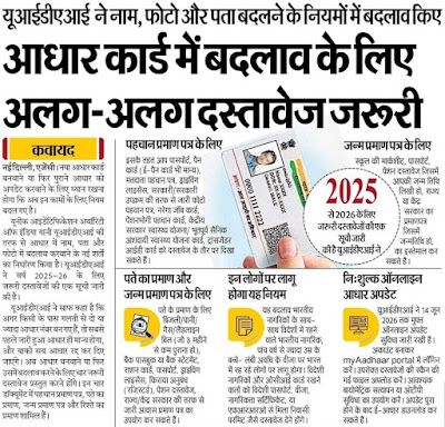 Aadhar Card Correction Document List 2025-26