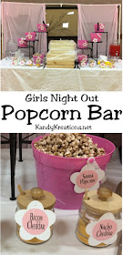 Everyone loves Popcorn, and throwing together a quick popcorn bar is the perfect dessert treat for any occasion. But when the girls are getting together, we need a little bit of fluff and a lot of food.  Check out this quick and easy Popcorn bar using items you probably already own!