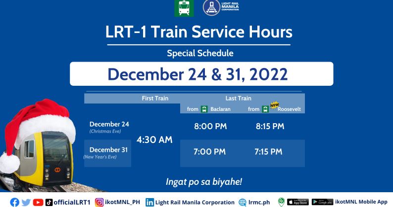 LRT 1 train schedule December 24 and 31, 2022