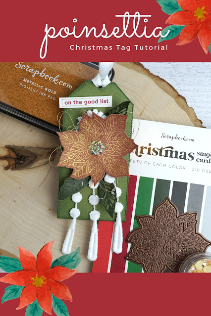 Handmade poinsettia Christmas gift tag made with products from Scrapbook.com, Creative Expressions and Tim Holtz.