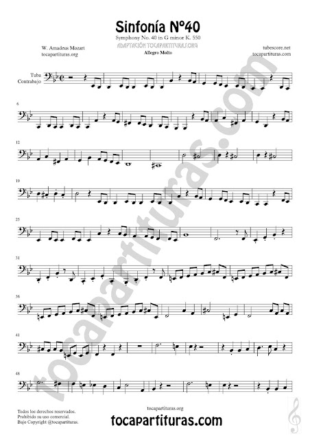 Hoja 1 Partitura de Tuba y Contrabajo (Clave de Fa en 8ª Baja) Sinfonía Nº 40 Sheet Music for Contrabass y Tuba Music Score Bass Clef 8ª down PDF y MIDI aquí  Vídeo