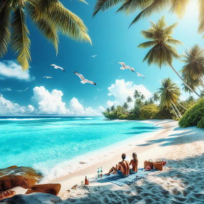 Tourist couple sitting on tropic beach