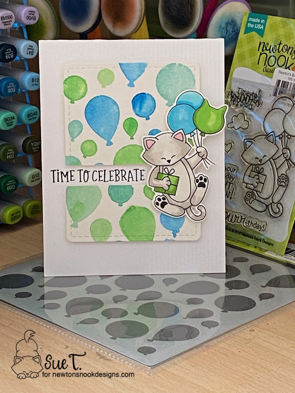 Time to celebrate by Sue T. features Balloons, Newton's Birthday Balloons, and Frames & Flags by Newton's Nook Designs; #newtonsnook, #inkypaws, #birthdaycards, #cardmaking