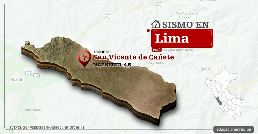 Temblor en Lima de Magnitud 4.6 (Hoy Viernes 5 Abril 2019) Sismo Epicentro San Vicente de Cañete - IGP - www.igp.gob.pe