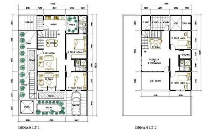 denah rumah hook 2 lantai modern