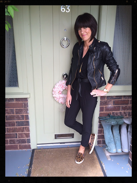 My Midlife Fashion, Wallis, Boden, Zara, Jumpsuit, Biker Jacket, Leather Coat, leopard print, animal print, skater shoes, slip ons, styling a jumpsuit 