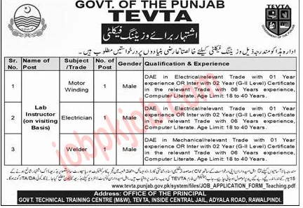 Technical Education & Vocational Training Authority Tevta Jobs 2023 In Rawalpindi | Urgent jobs in Pakistan