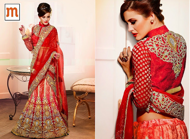 Red Velvet Embroidered Bridal Lehenga Saree